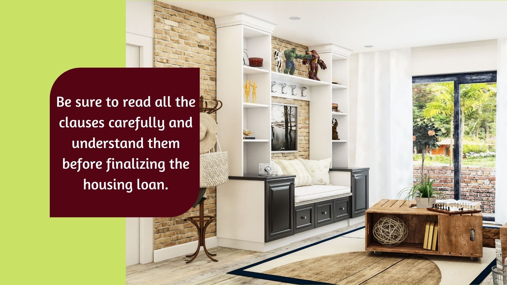 10 Essential Steps for First-Time Home Buyers: Your Ultimate Checklist 7 A cozy living room with a reminder to read and understand all clauses before finalizing a housing loan