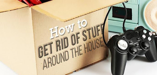 Decluttering Indian Homes: Tips for a Calm & Organized Space 5 Cardboard box labeled 'How to Get Rid of Stuff' with a game controller and household items.