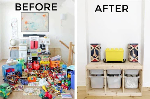 Decluttering Indian Homes: Tips for a Calm & Organized Space 9 Before and after decluttering a playroom with organized storage.