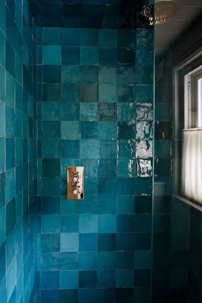 Stylish & Practical Bathroom Ideas for India – Part 2 27 small bathroom in Angelica Squire's London house | deep blue zellige tiles
